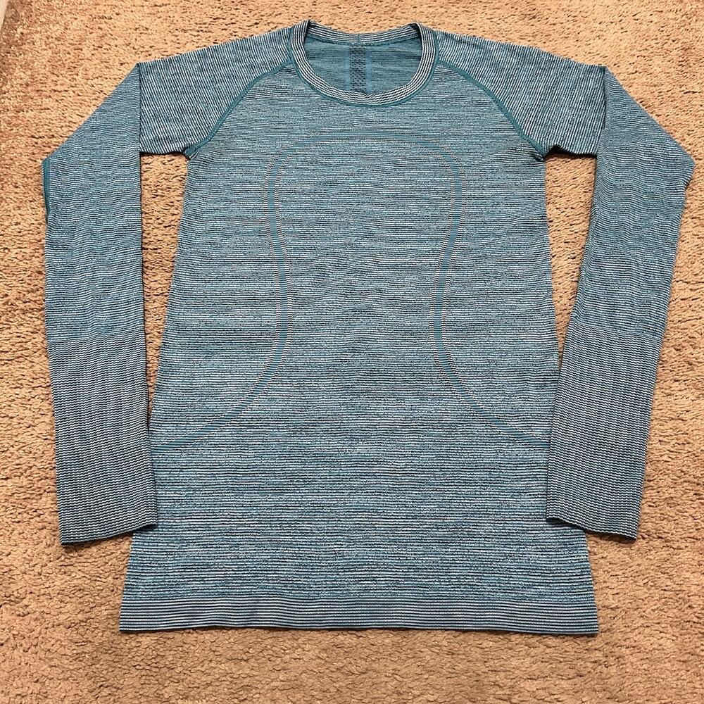 Lululemon Indian Ocean Aqua Blue Black Seamless Swiftly Long Sleeve Crew Shirt 6